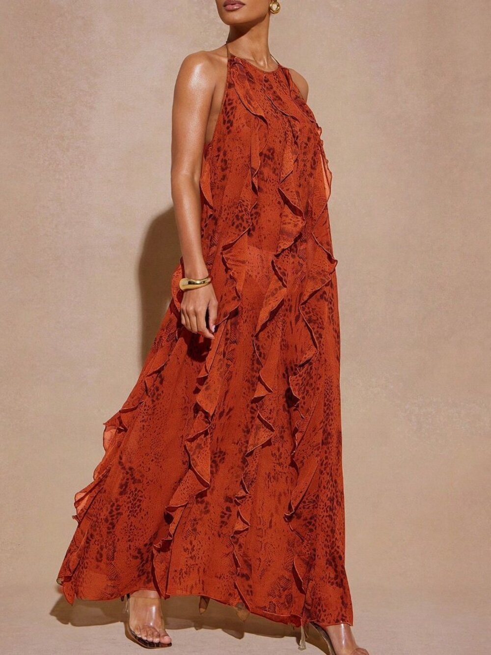 Multicolor Casual Women's All-Over Print Halter Neck Tie-Up Backless Maxi Dress
